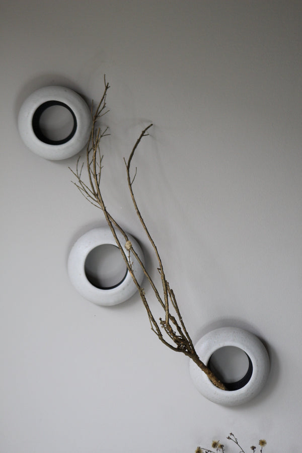 Waxy white small O-planter from black clay by GOLEM no3